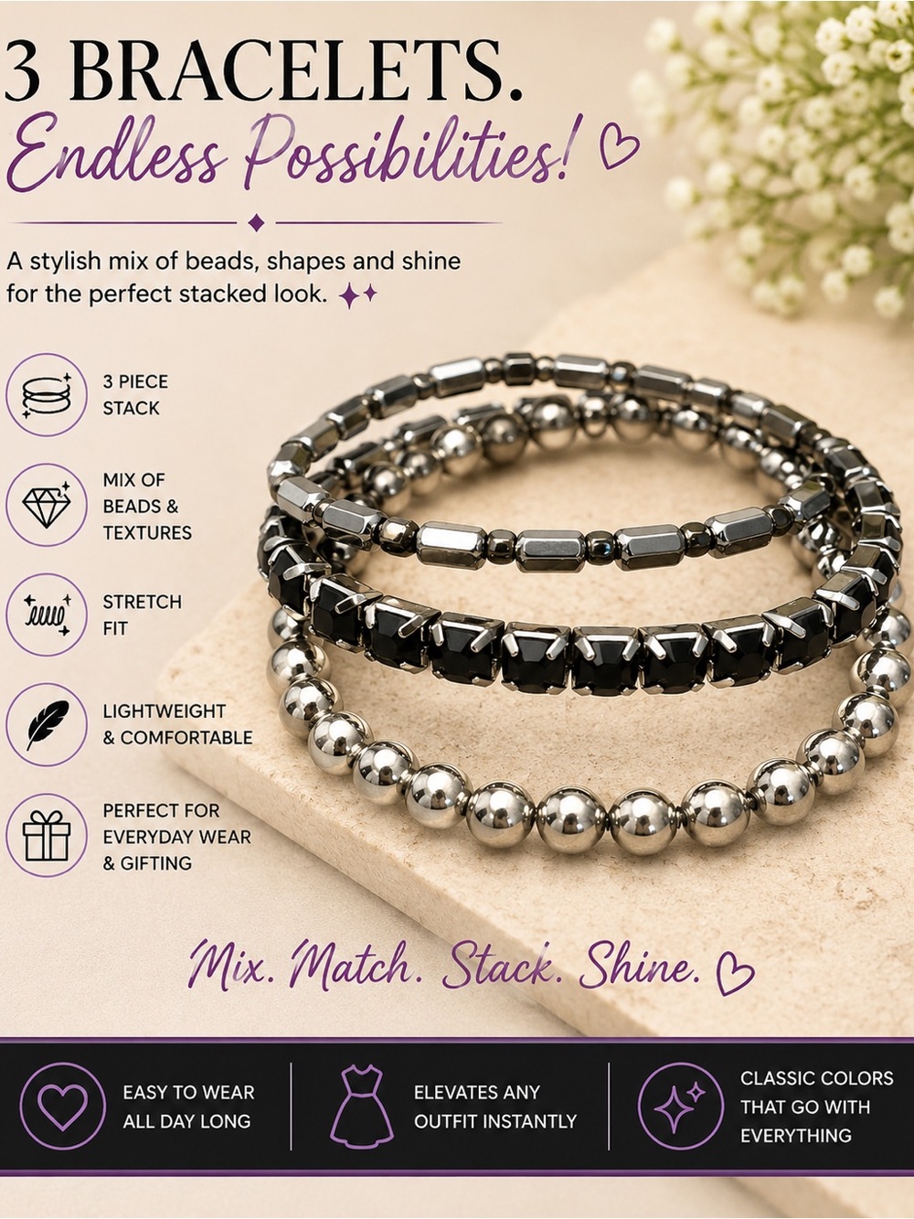 paparazzi Silver-Tone Mixed Bead & Facet Stretch Bracelet Stack